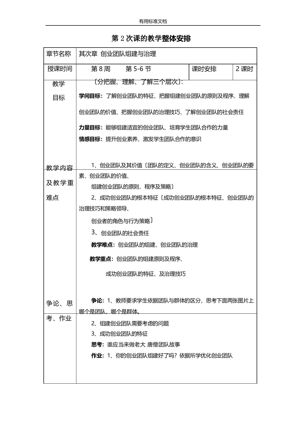 创业团队组建与管理系统教案设计