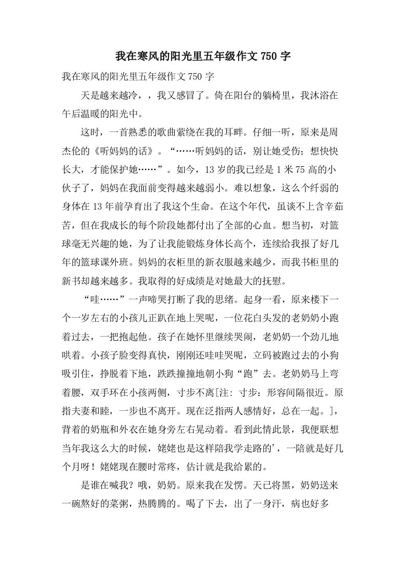 我在寒风的阳光里五年级作文750字