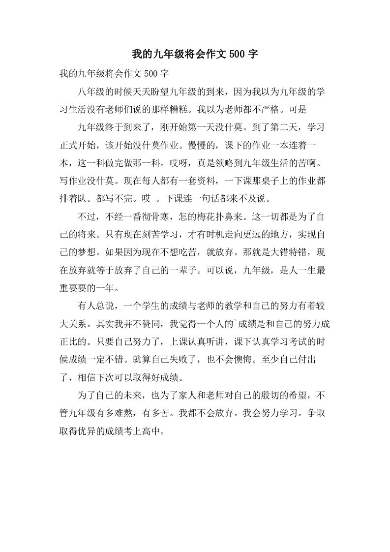 我的九年级将会作文500字