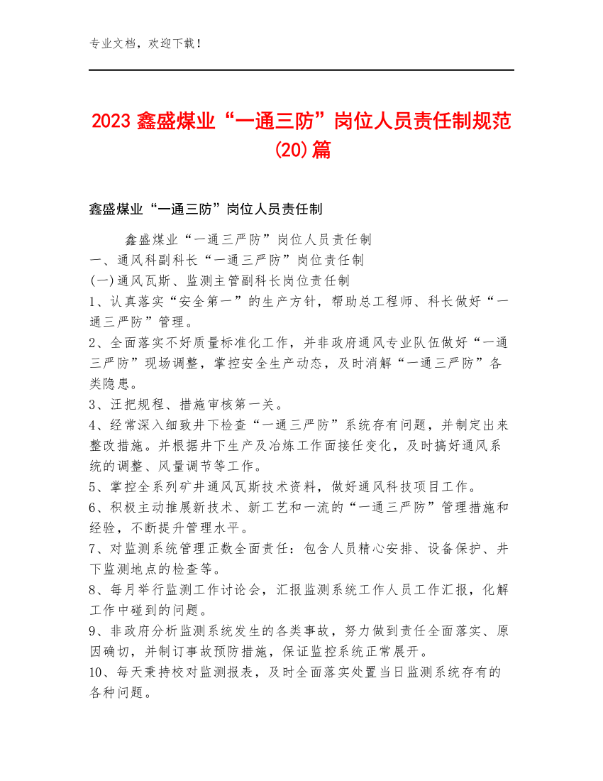 2023鑫盛煤业“一通三防”岗位人员责任制规范(20)篇