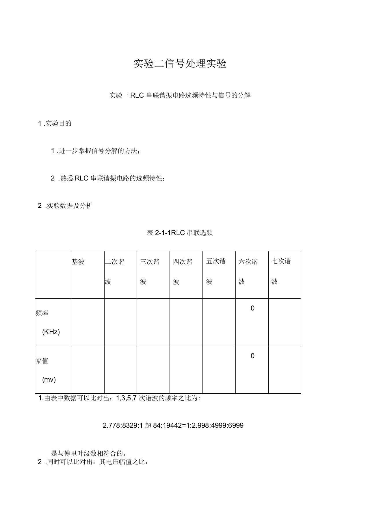 RLC串联谐振电路选频特性与信的分解信处理实验报告