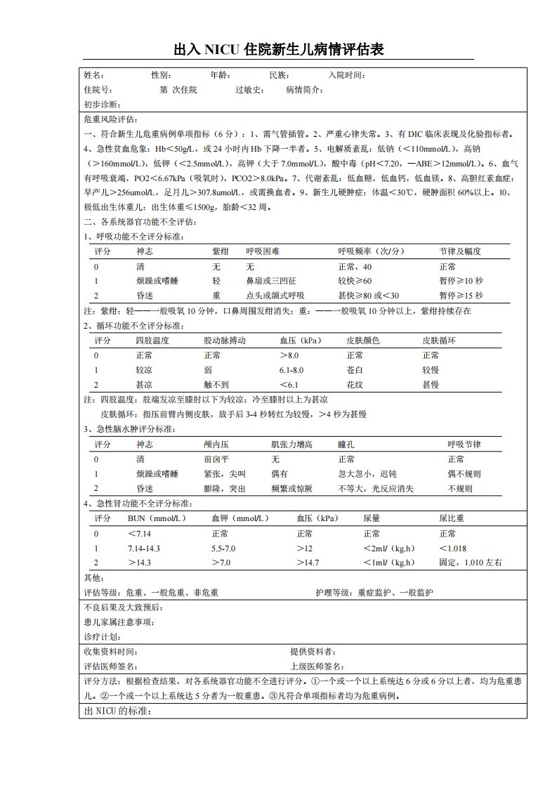 入NICU住院新生儿病情评估表及出NICU标准