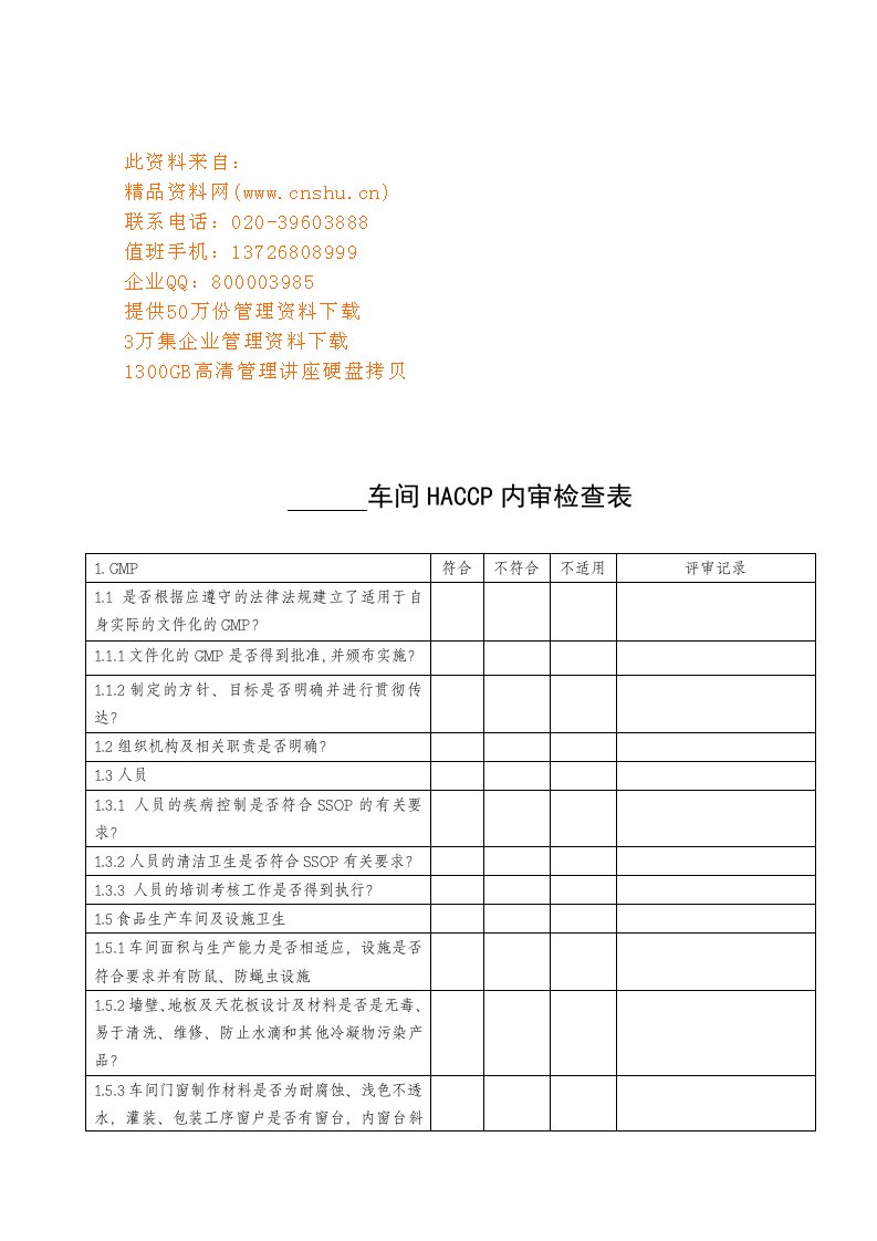 车间HACCP内审检查表汇编