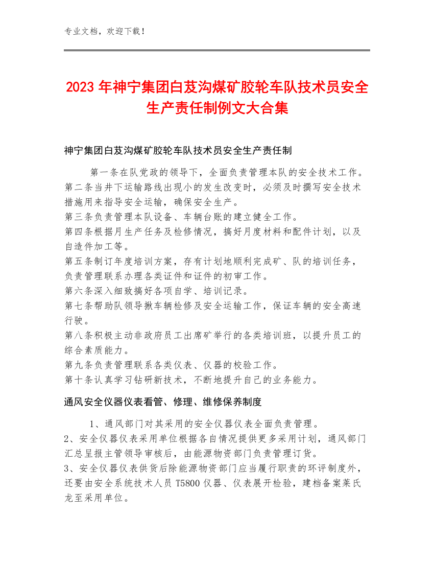 2023年神宁集团白芨沟煤矿胶轮车队技术员安全生产责任制例文大合集