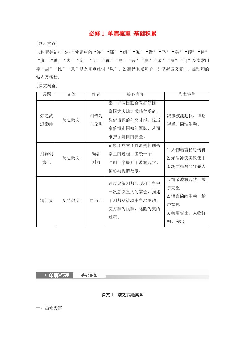 宁陕蒙青川2024届高考语文一轮复习教案必修1单篇梳理基础积累课文1烛之武退秦师