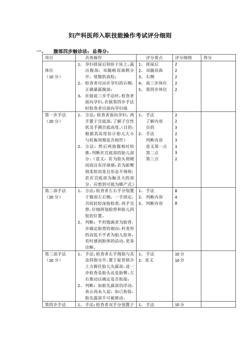 妇产科技能考核评分细则