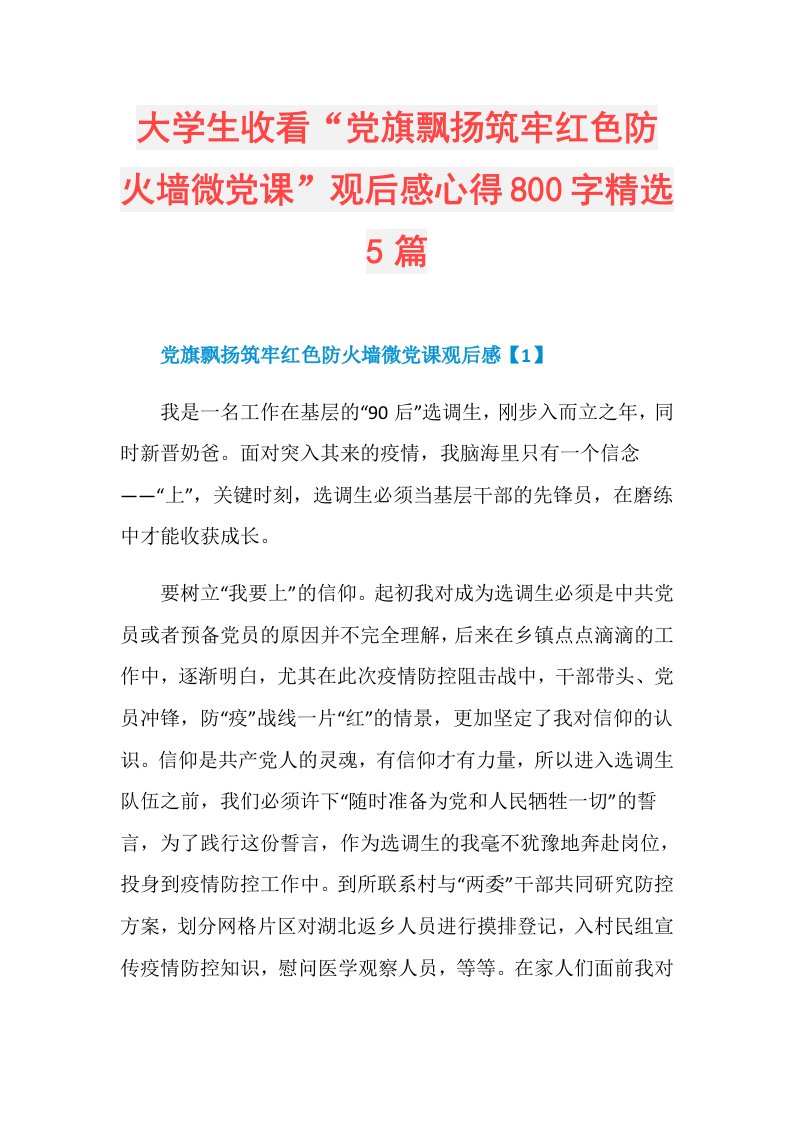 大学生收看“党旗飘扬筑牢红色防火墙微党课”观后感心得800字精选5篇