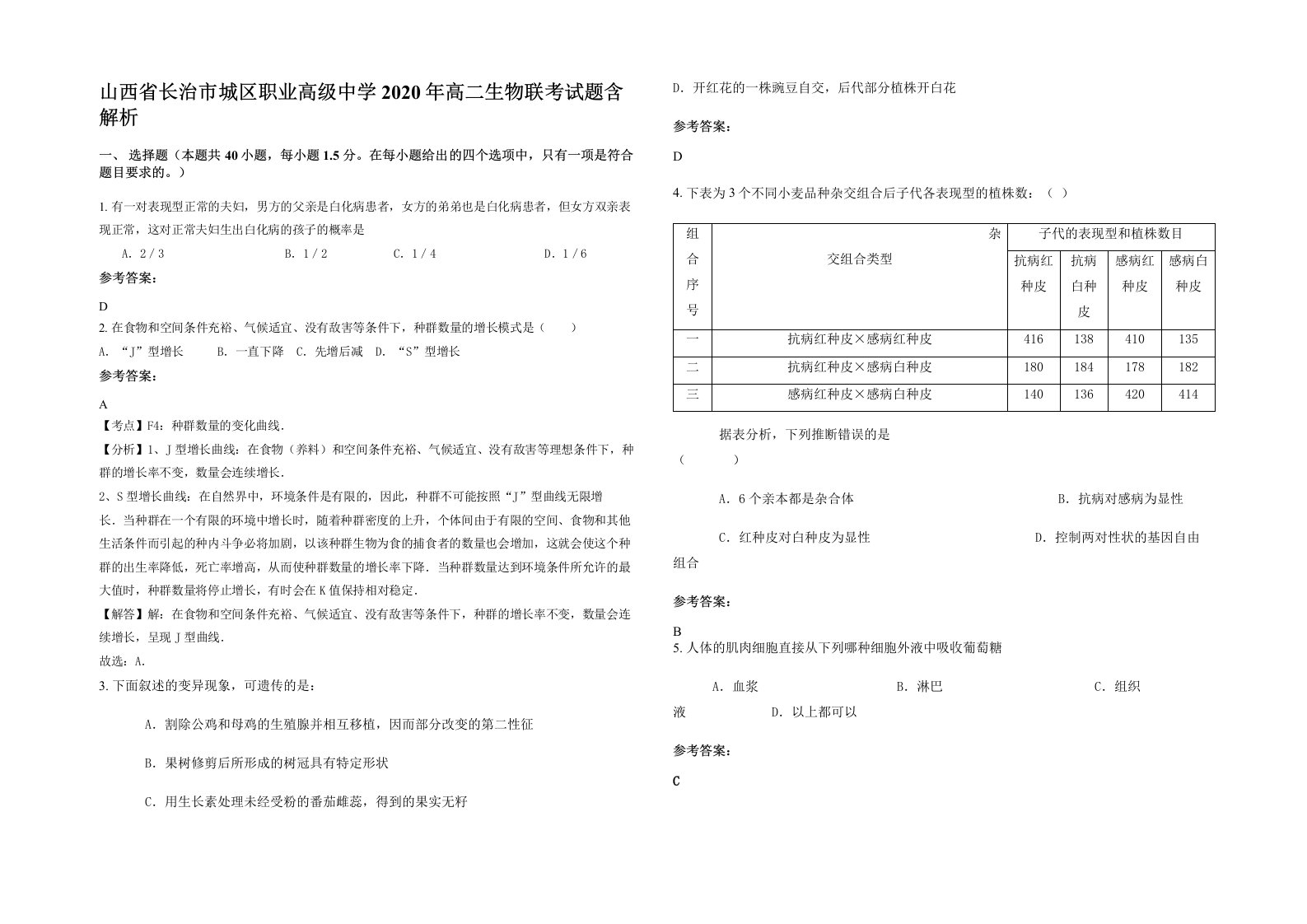 山西省长治市城区职业高级中学2020年高二生物联考试题含解析