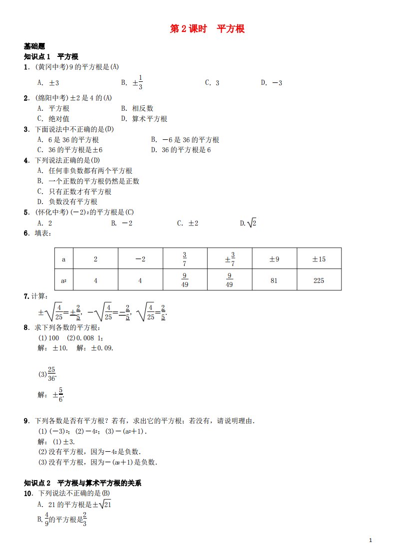 人教版七年级数学下册6.1平方根第2课时平方根习题新