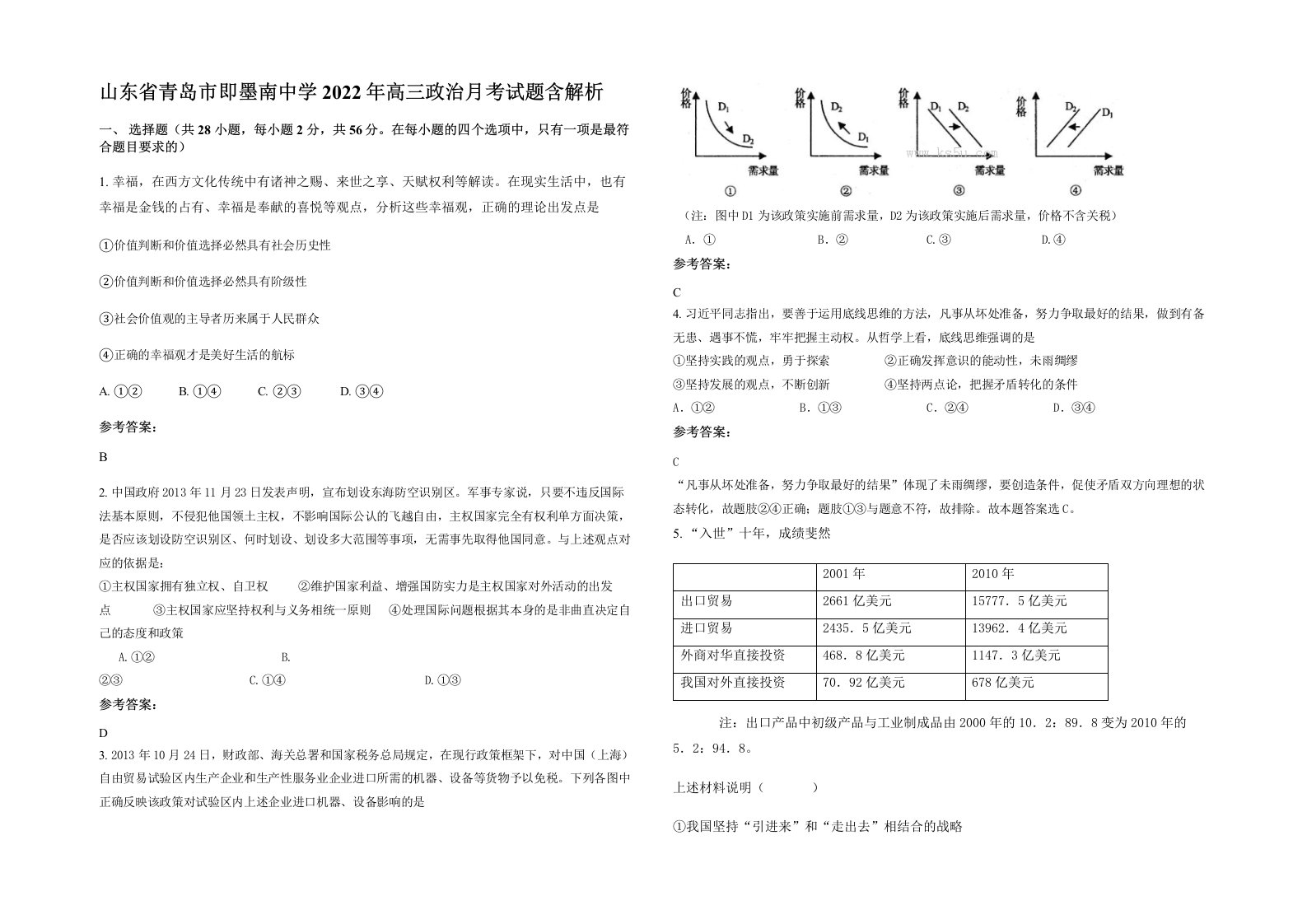 山东省青岛市即墨南中学2022年高三政治月考试题含解析