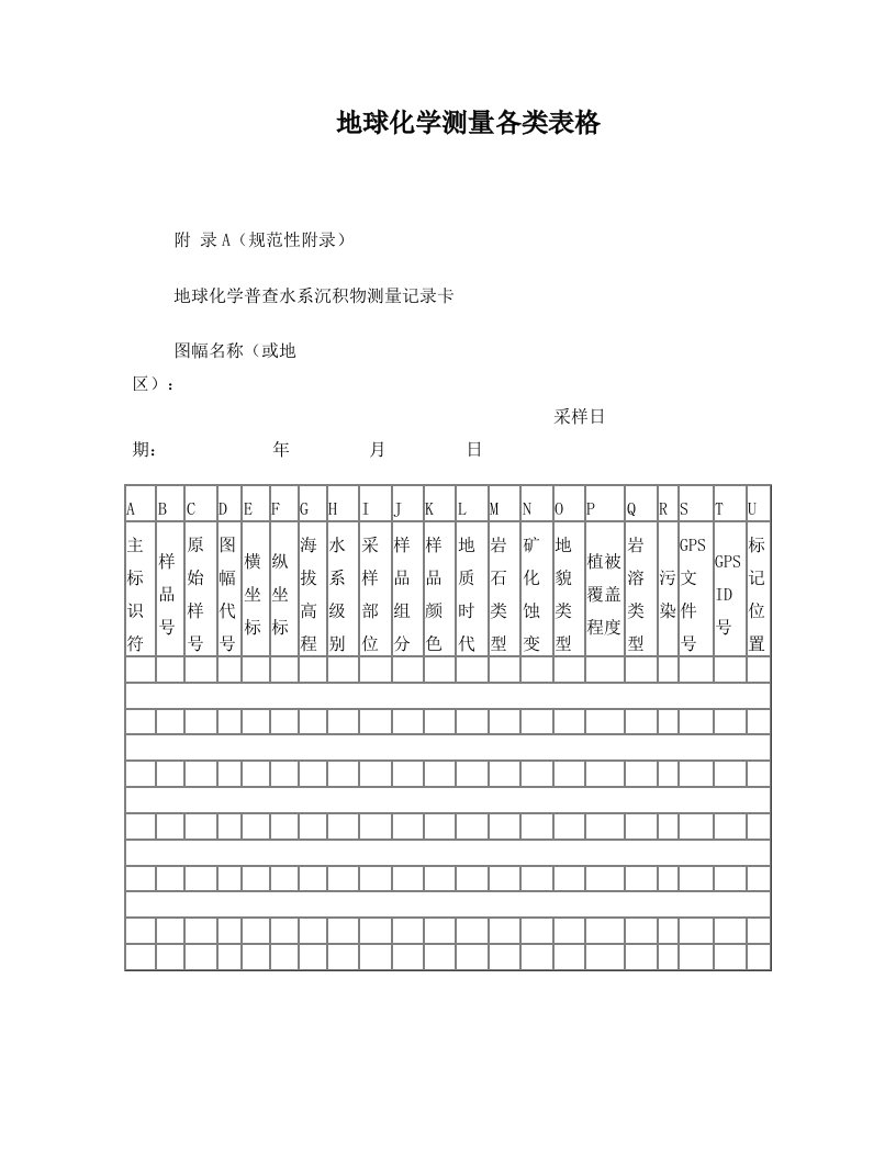 地球化学测量各类表格