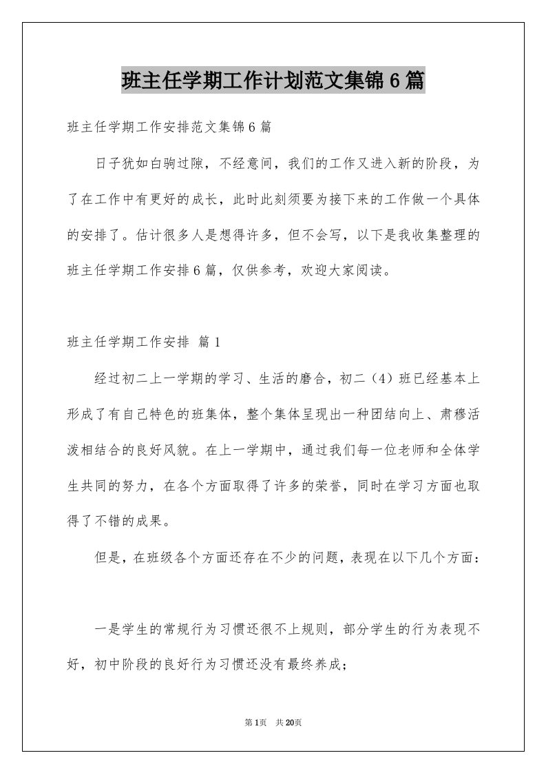 班主任学期工作计划范文集锦6篇