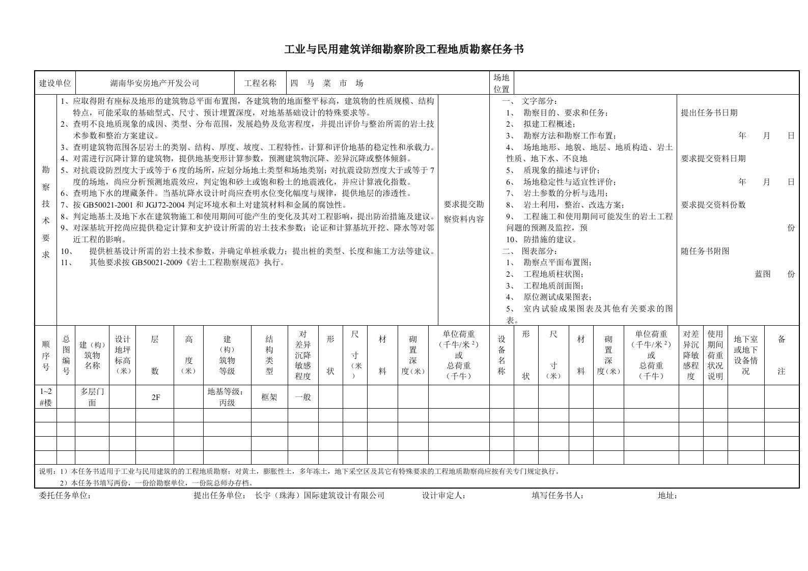 工业与民用建筑详细勘察阶段工程地质勘察任务书