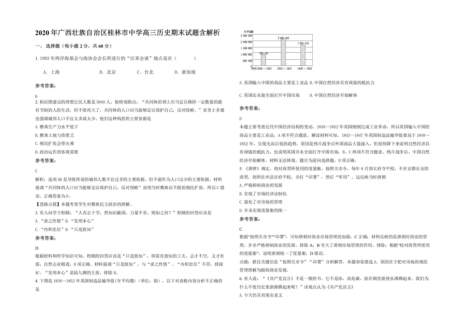 2020年广西壮族自治区桂林市中学高三历史期末试题含解析