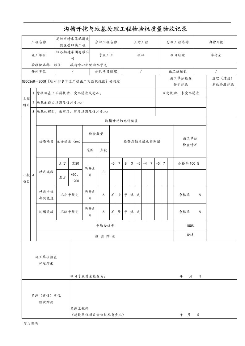 市政给排水管道工程检验批质量验收记录表