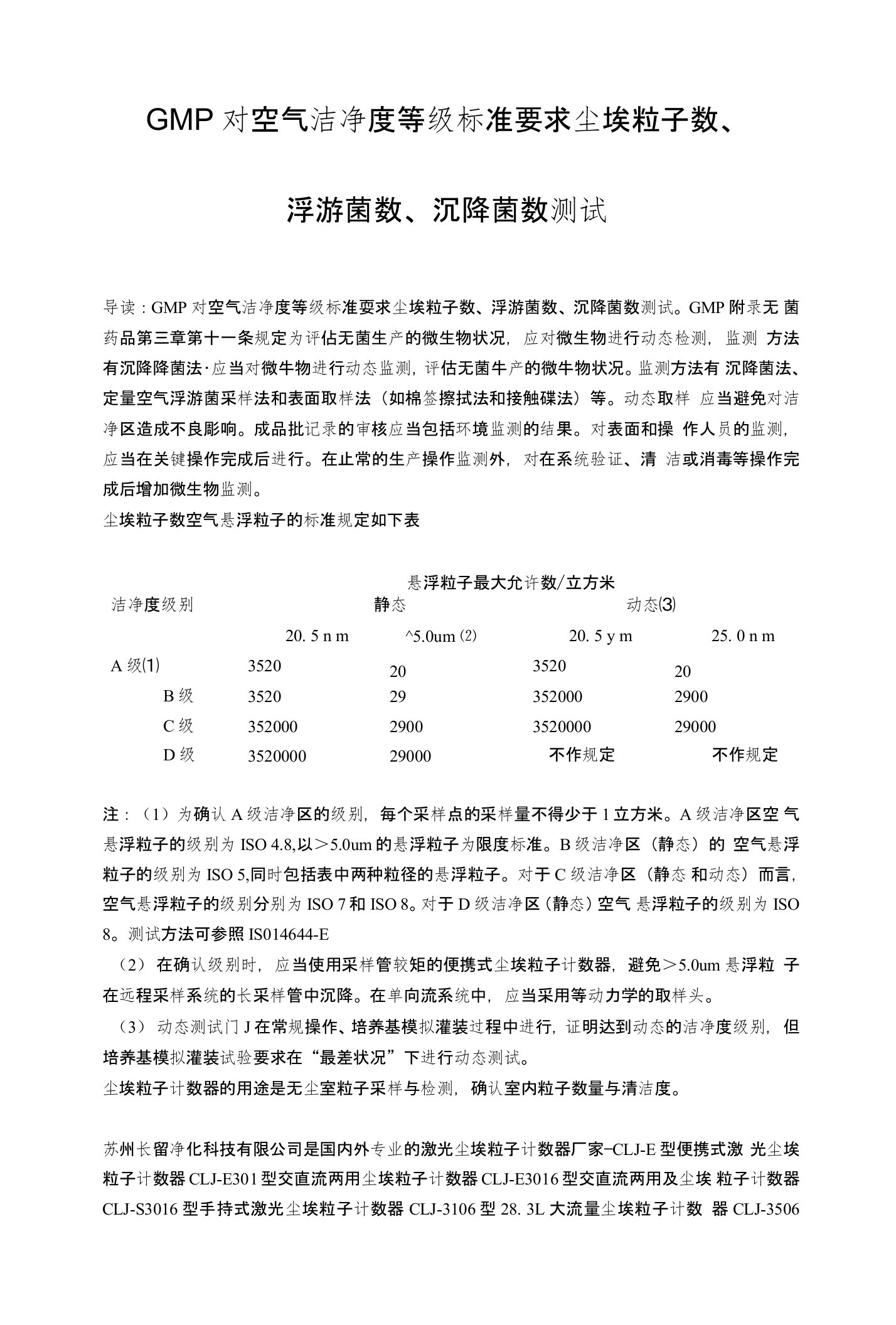 GMP对空气洁净度等级标准要求尘埃粒子数、浮游菌数、沉降菌数测试