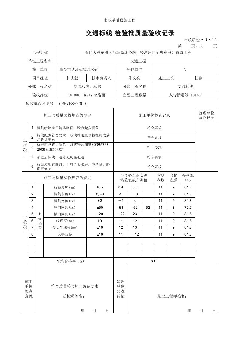 交通标线检验批质量验收记录