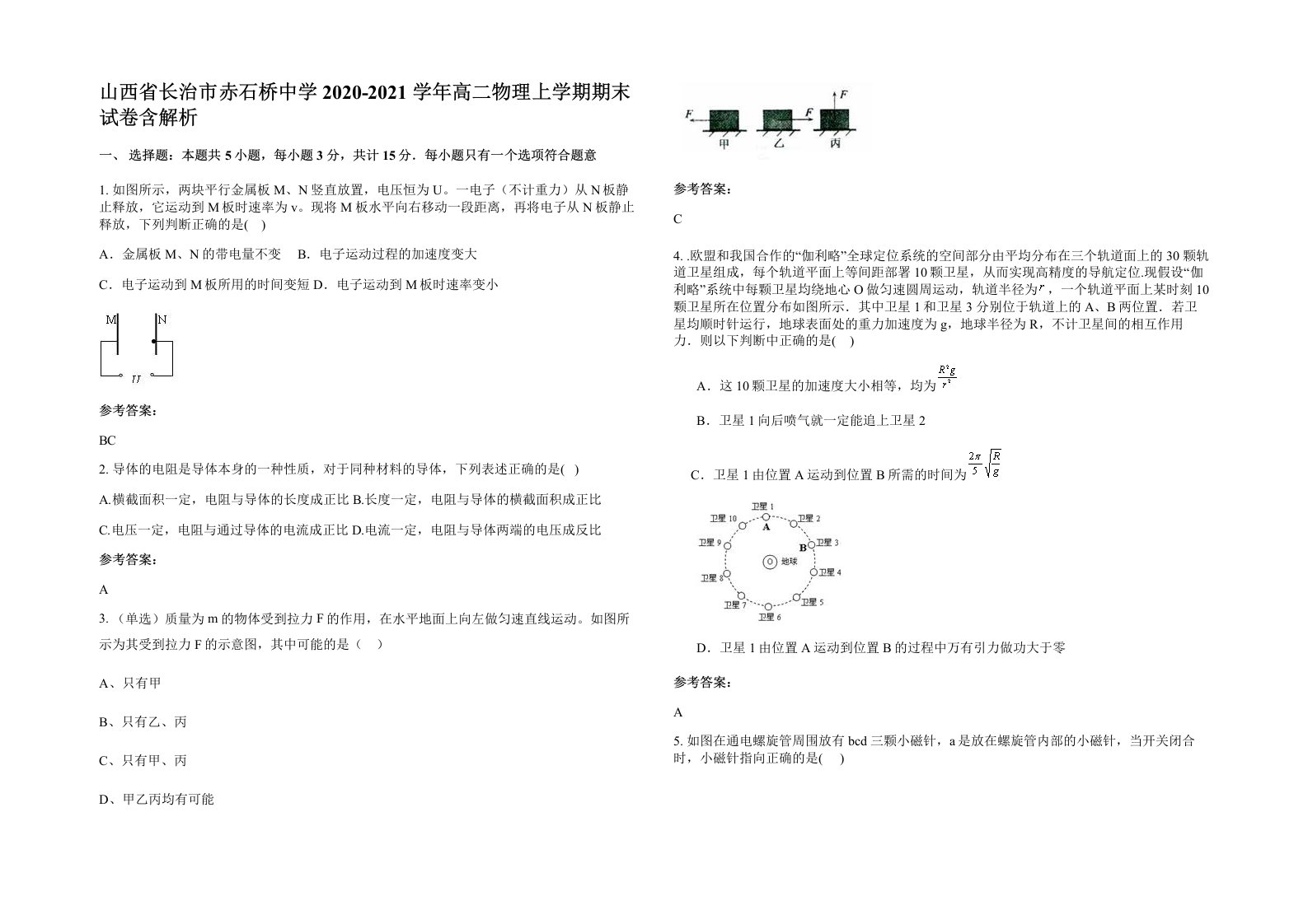 山西省长治市赤石桥中学2020-2021学年高二物理上学期期末试卷含解析