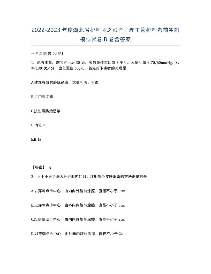 2022-2023年度湖北省护师类之妇产护理主管护师考前冲刺模拟试卷B卷含答案