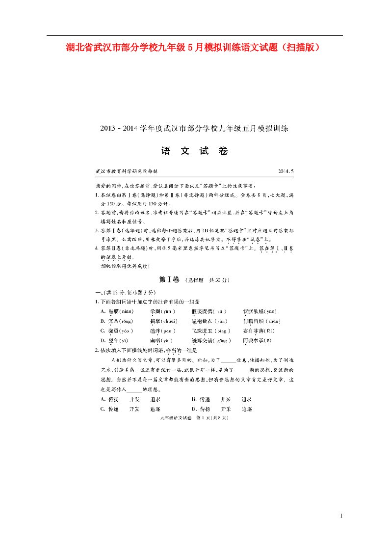 湖北省武汉市部分学校九级语文5月模拟训练试题（扫描版）