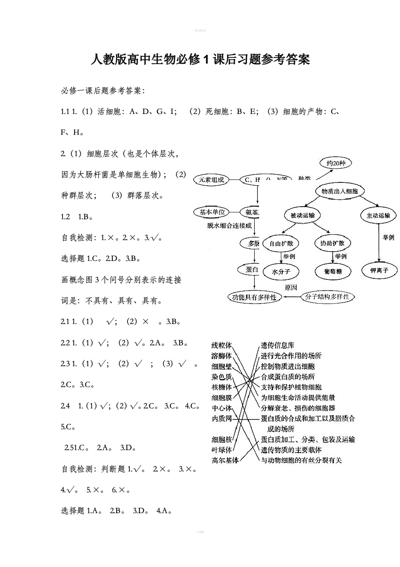 人教版高中生物必修1课后习题参考答案