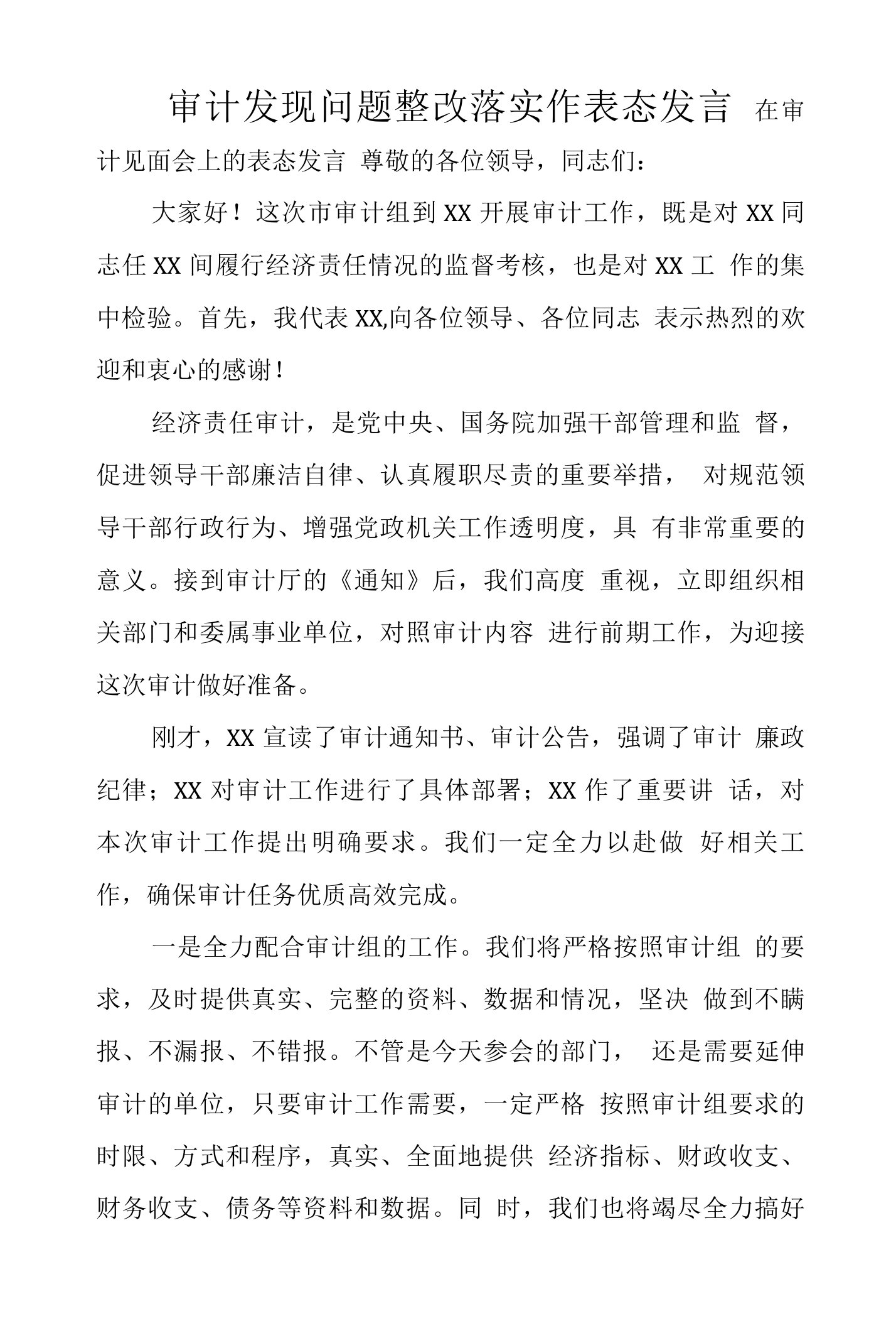 审计发现问题整改落实作表态发言