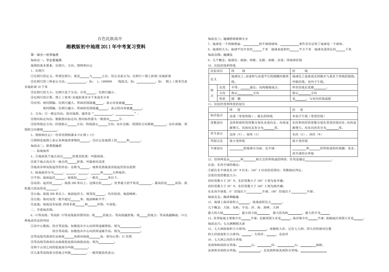 湘教版八年级地理2011年中考复习资料(无答案)