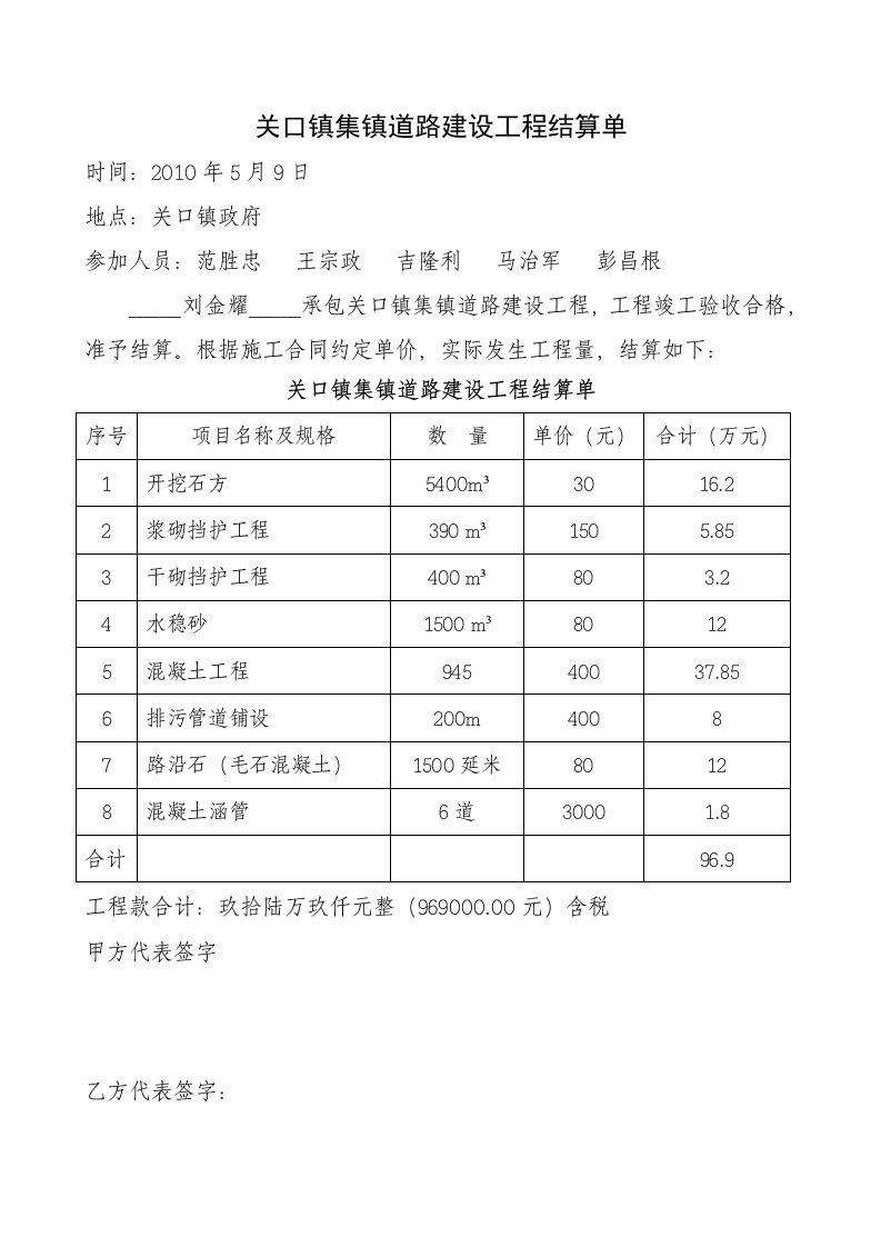 关口镇集镇道路建设工程结算单