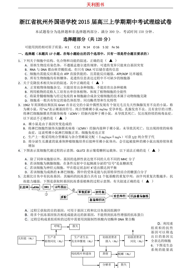 浙江省杭州外国语学校2015届高三上学期期中考试理综试题Word版含答案