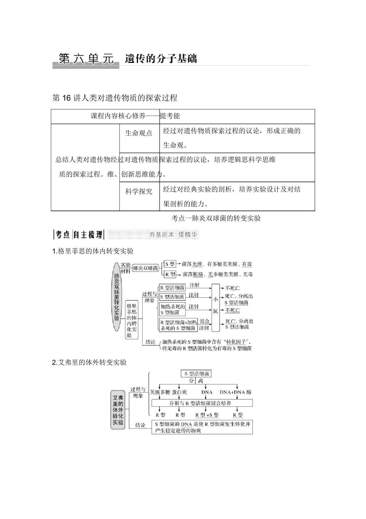 2020版生物高考新素养总复习新高考(鲁京津琼)讲义：第16讲+人类对遗传物质的探索过程和答案