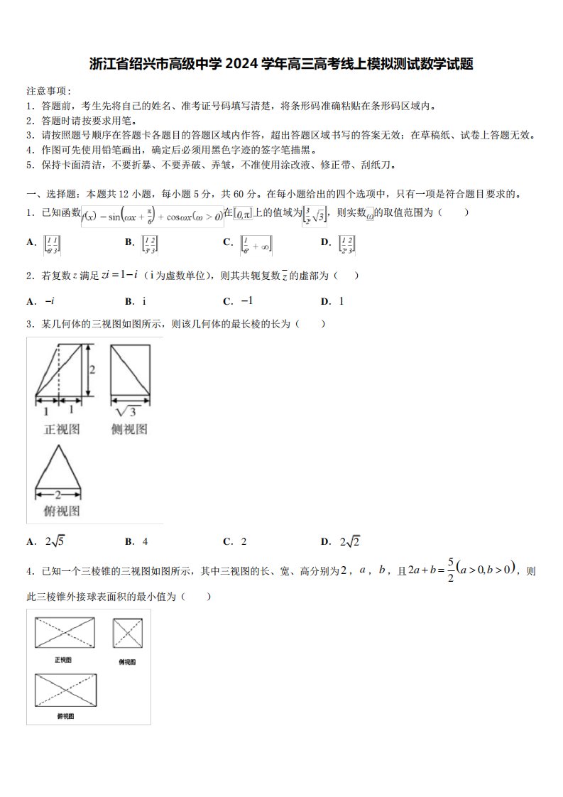 浙江省绍兴市高级中学2024学年高三高考线上模拟测试数学试题