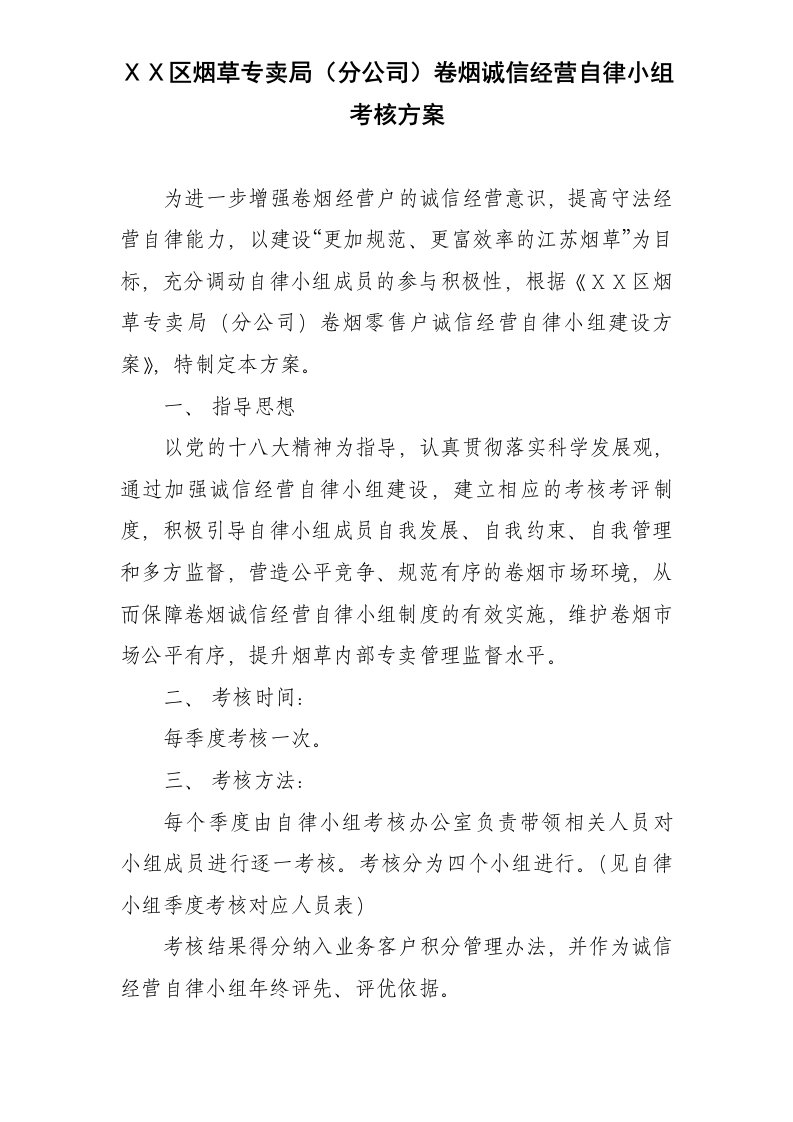 烟草专卖局分公司卷烟诚信经营自律小组考核方案