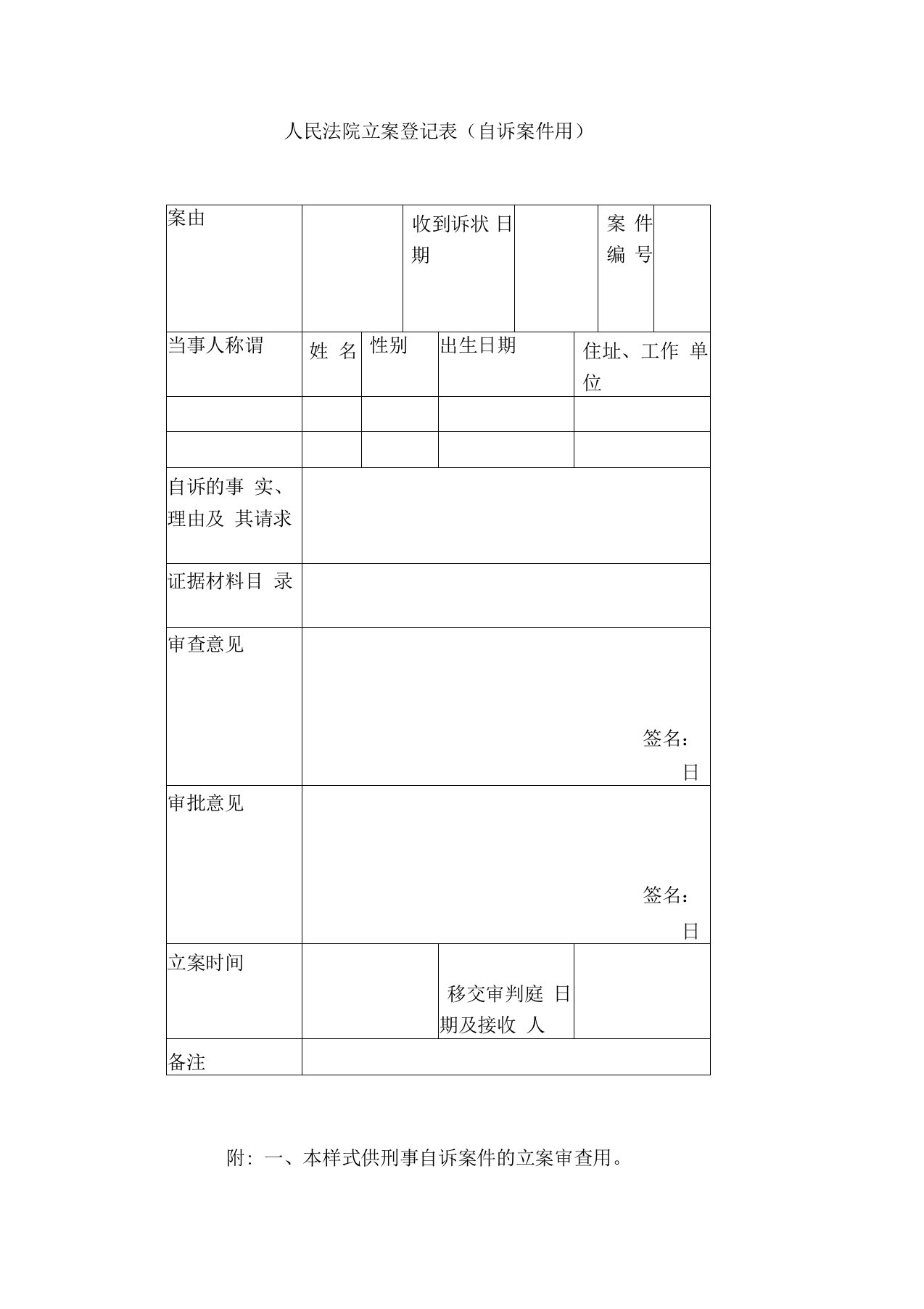 人民法院立案登记表(自诉案件用)