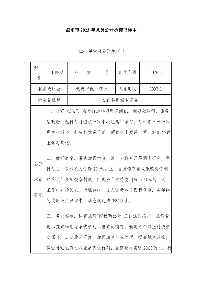 新版党员公开承诺书样本