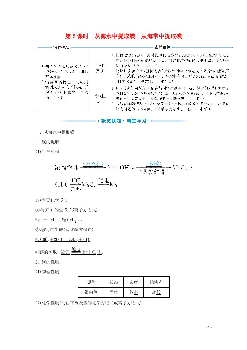 2021_2022学年新教材高中化学专题3从海水中获得的化学物质第三单元第2课时从海水中提取镁从海带中提取碘学案苏教版必修1