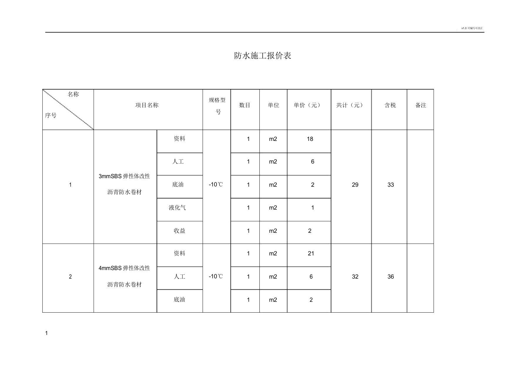 防水施工报价表格