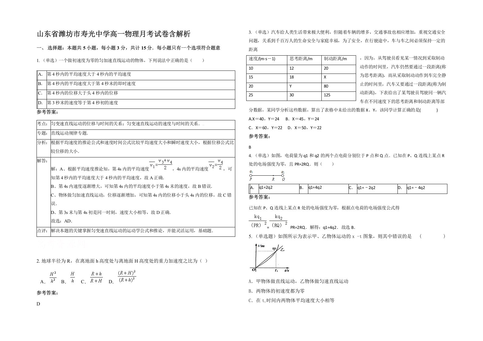 山东省潍坊市寿光中学高一物理月考试卷含解析