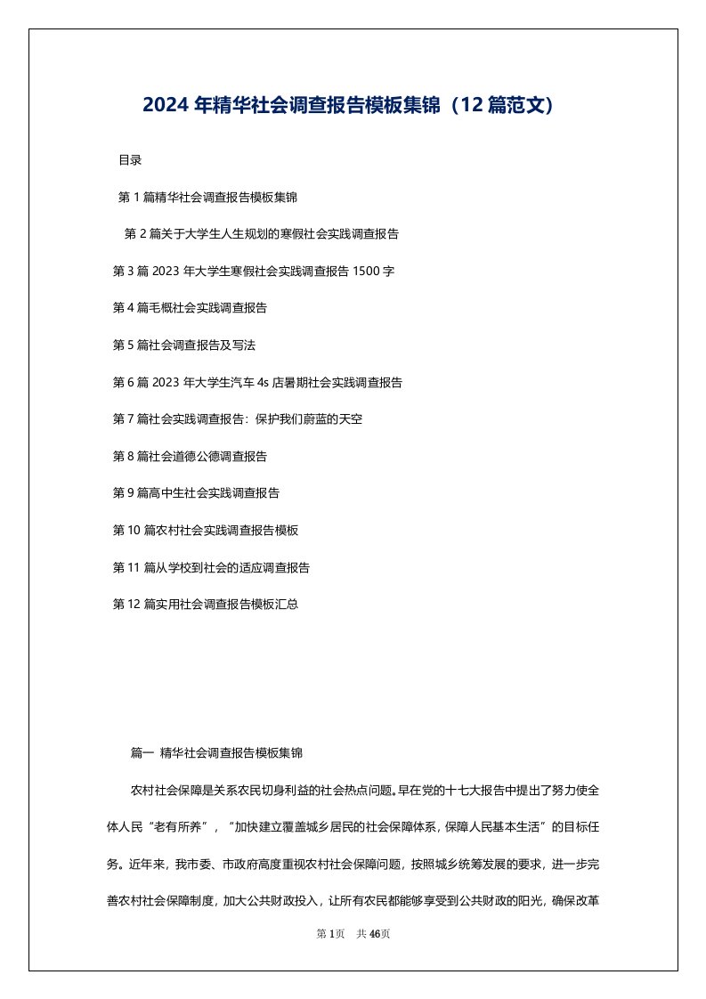 2024年精华社会调查报告模板集锦（12篇范文）