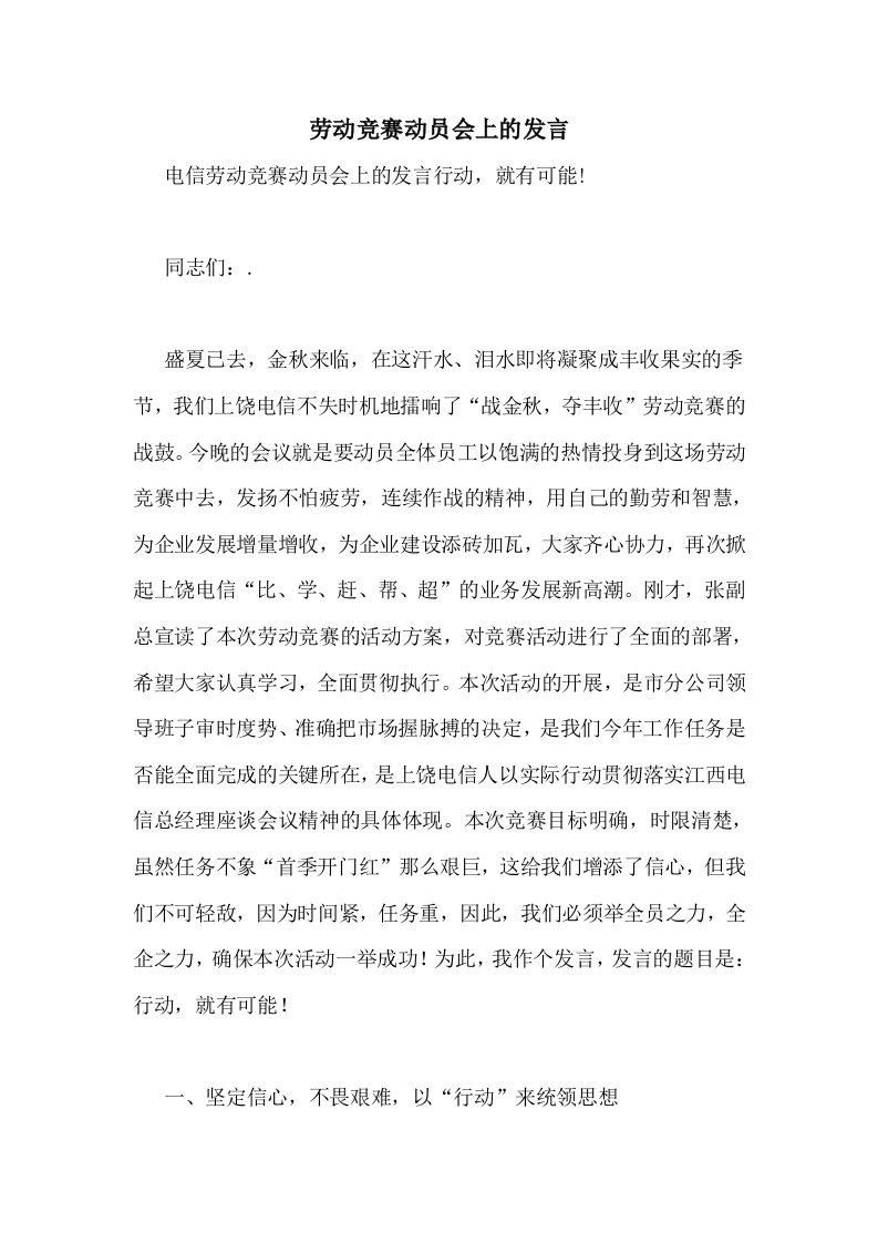 劳动竞赛动员会上的发言