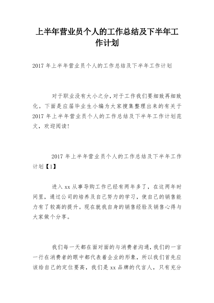 上半年营业员个人的工作总结及下半年工作计划