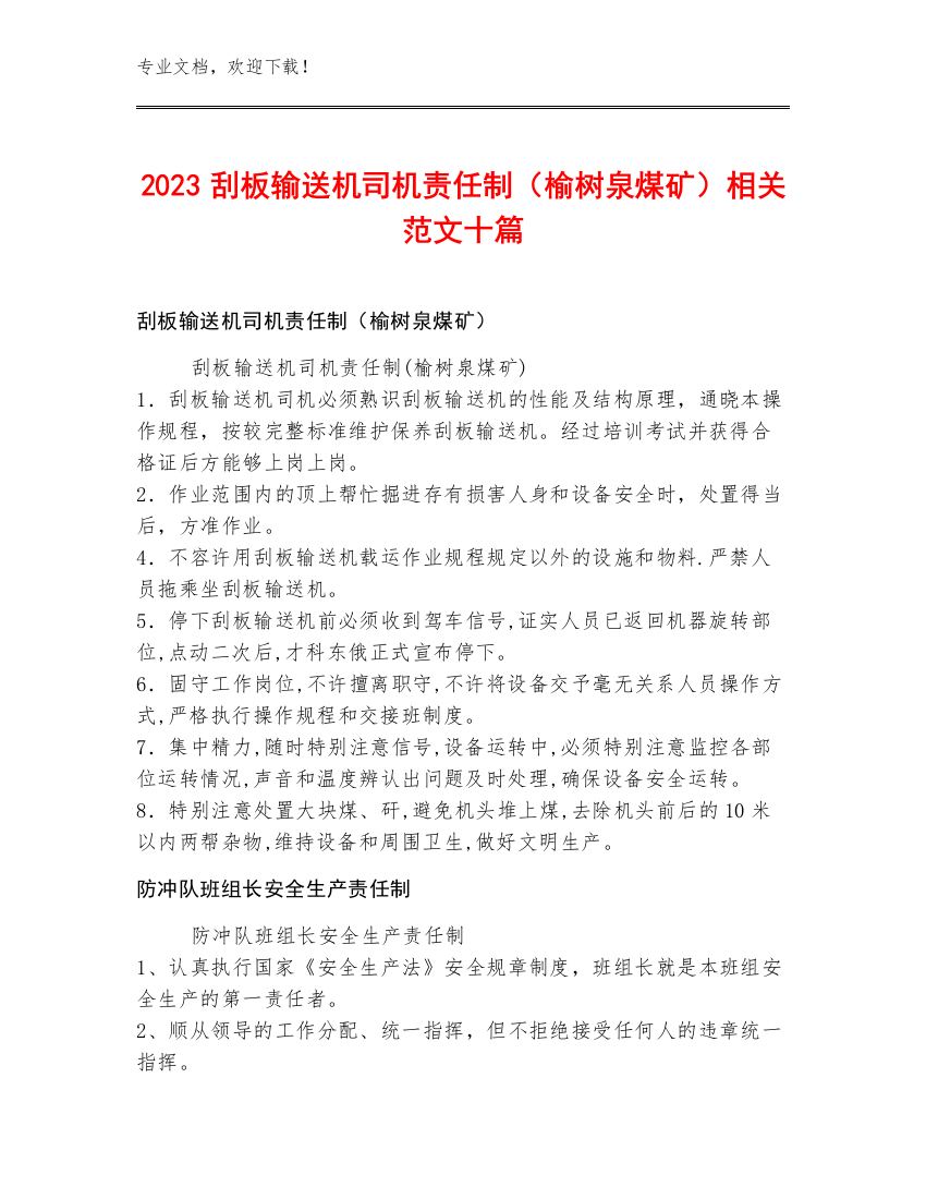 2023刮板输送机司机责任制（榆树泉煤矿）范文十篇