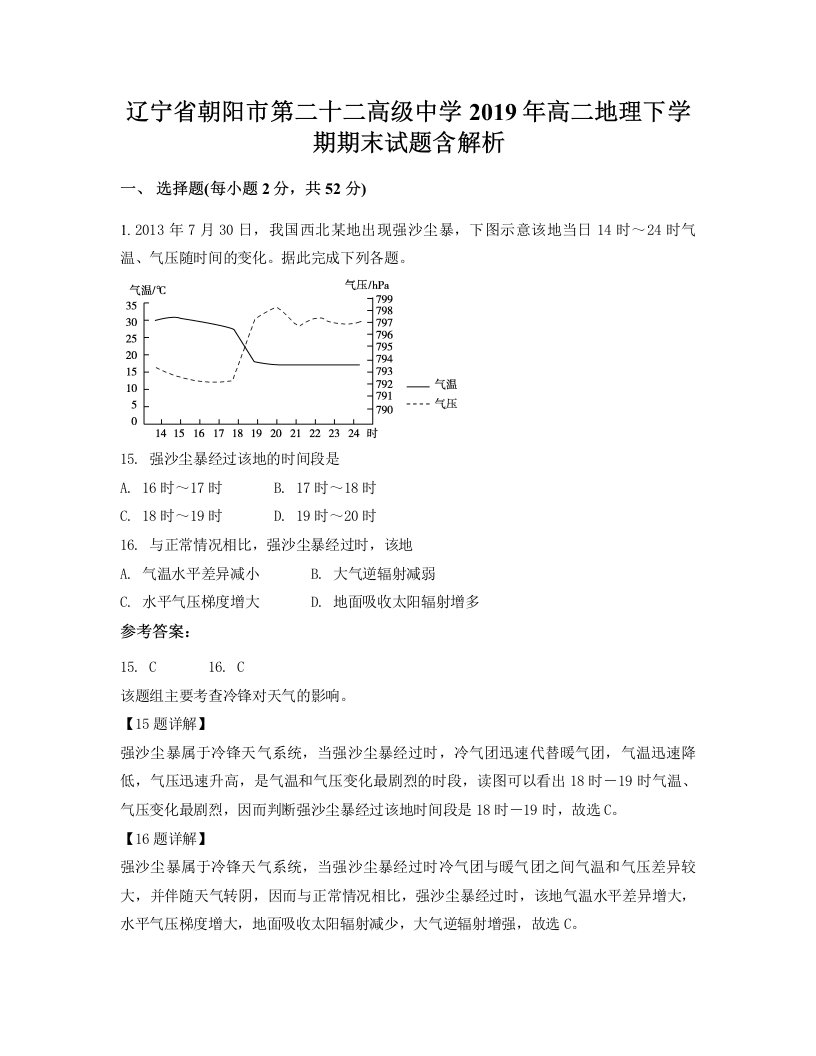 辽宁省朝阳市第二十二高级中学2019年高二地理下学期期末试题含解析