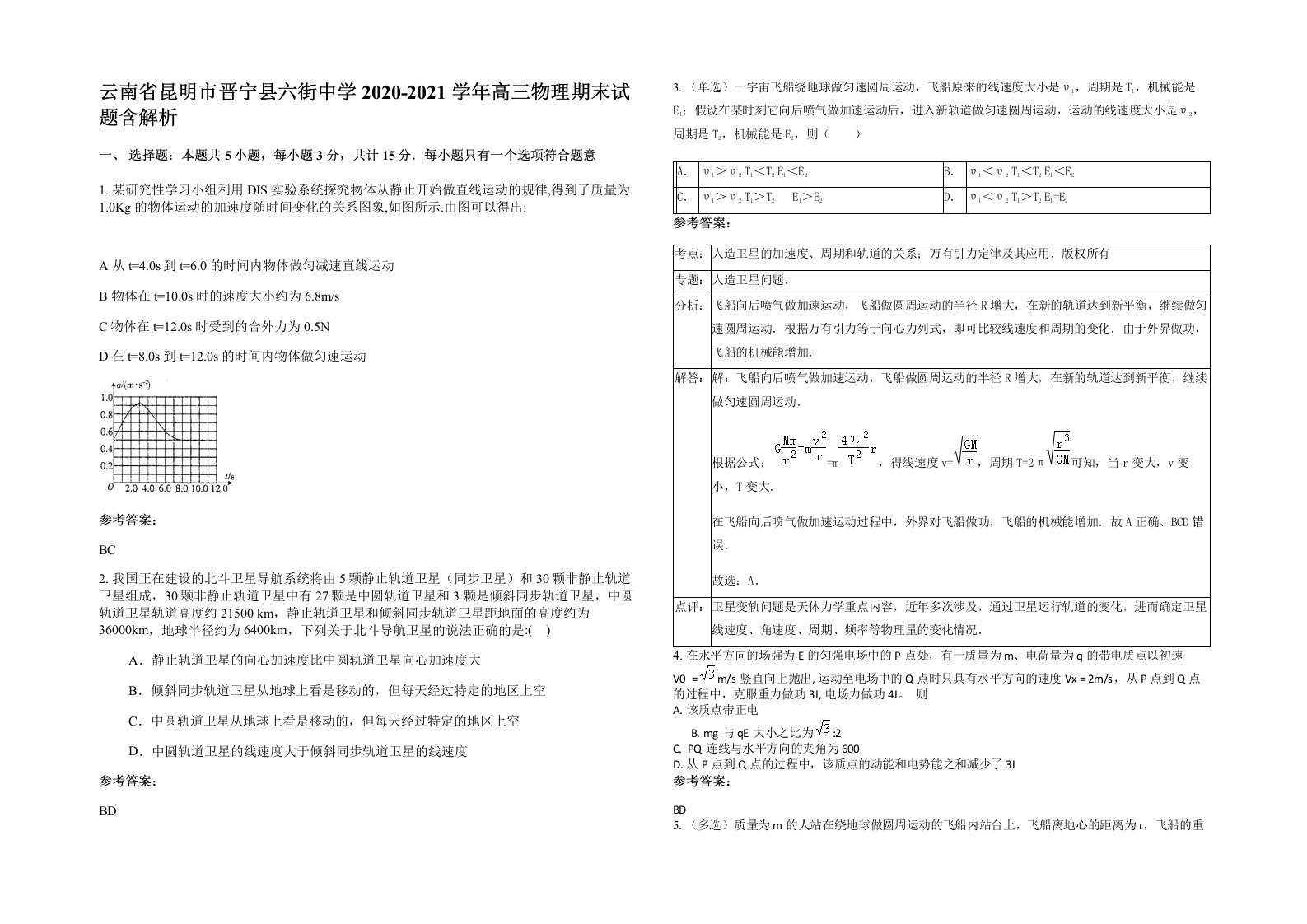 云南省昆明市晋宁县六街中学2020-2021学年高三物理期末试题含解析