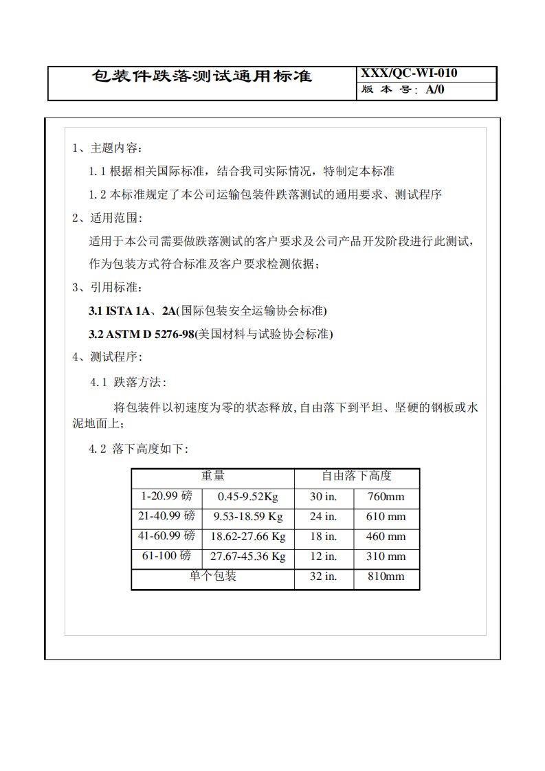 包装跌落测试通用标准