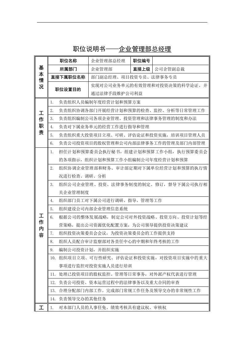 企业管理部总经理岗位说明书