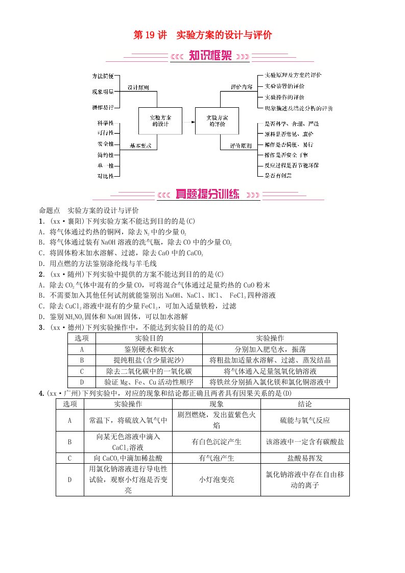 2019年中考化学复习主题五科学探究第19讲实验方案的设计与评价专题练习