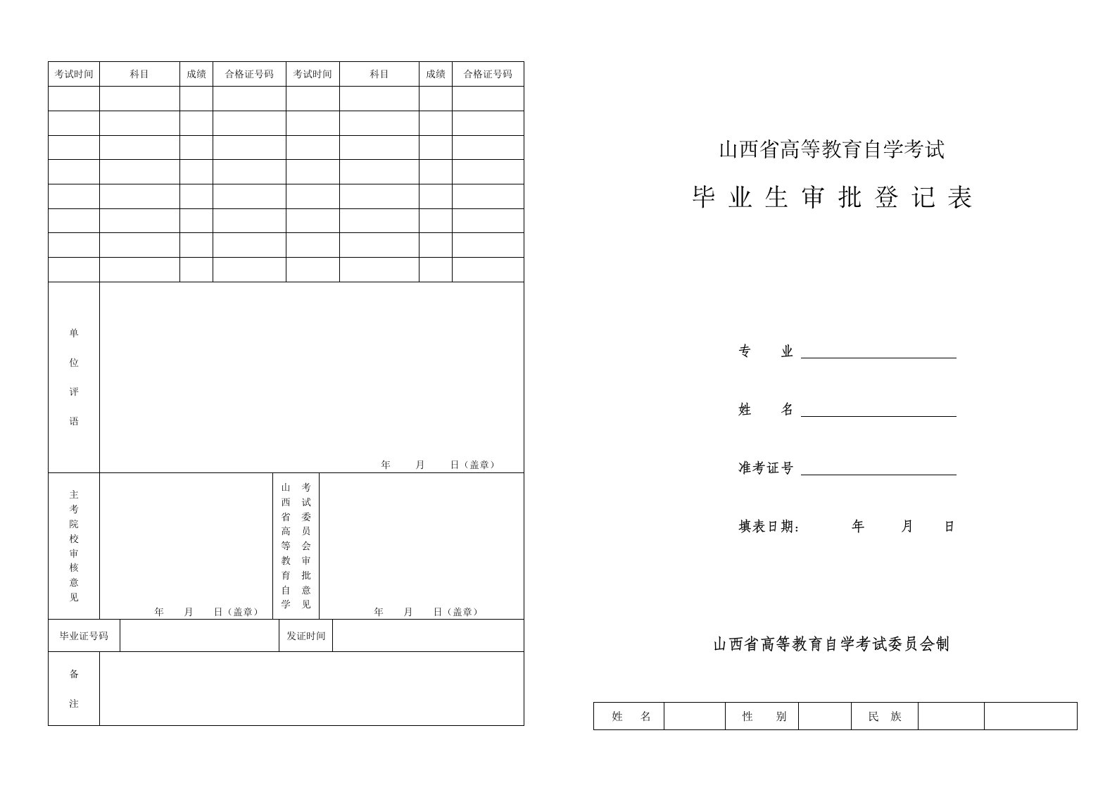 山西省高等教育自学考试毕业生审批登记表