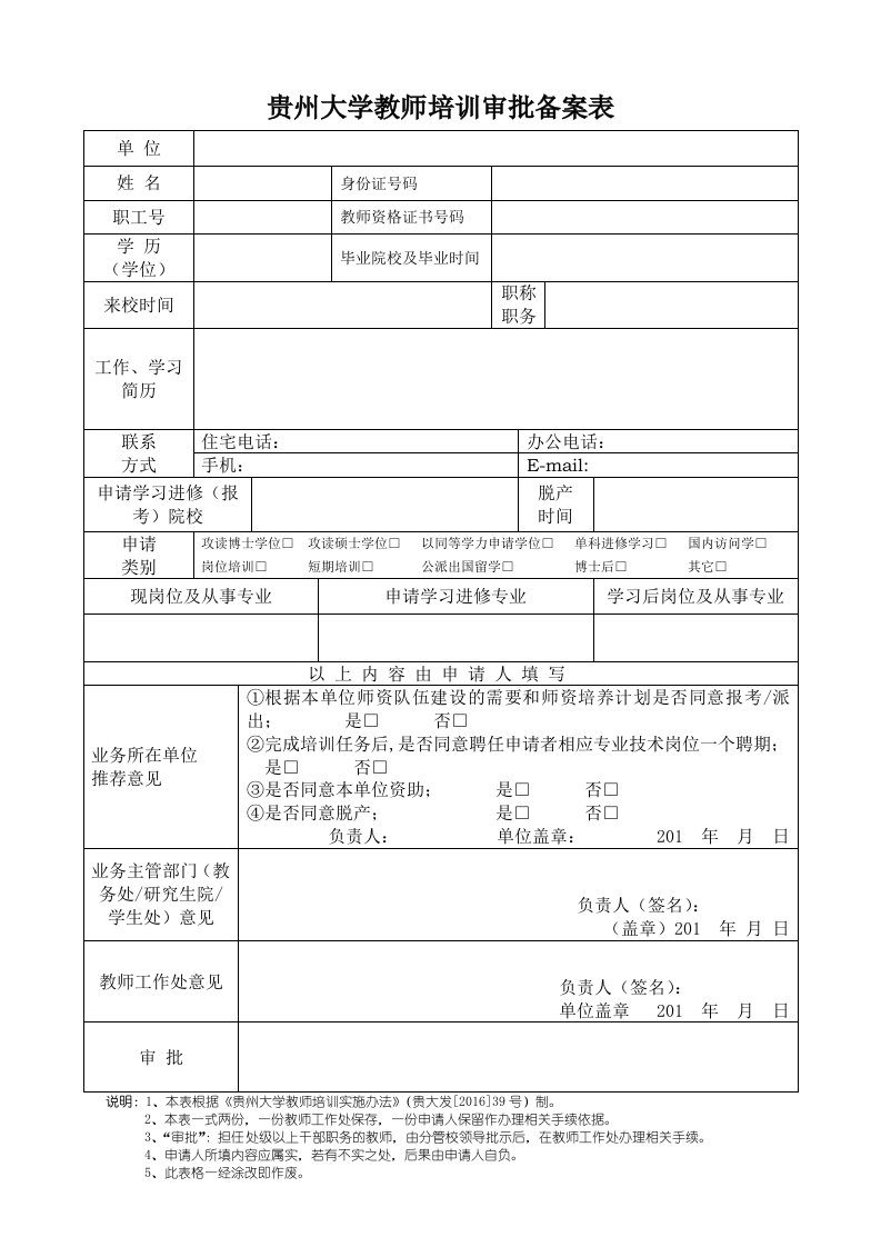 贵州大学教师培训审批备案表