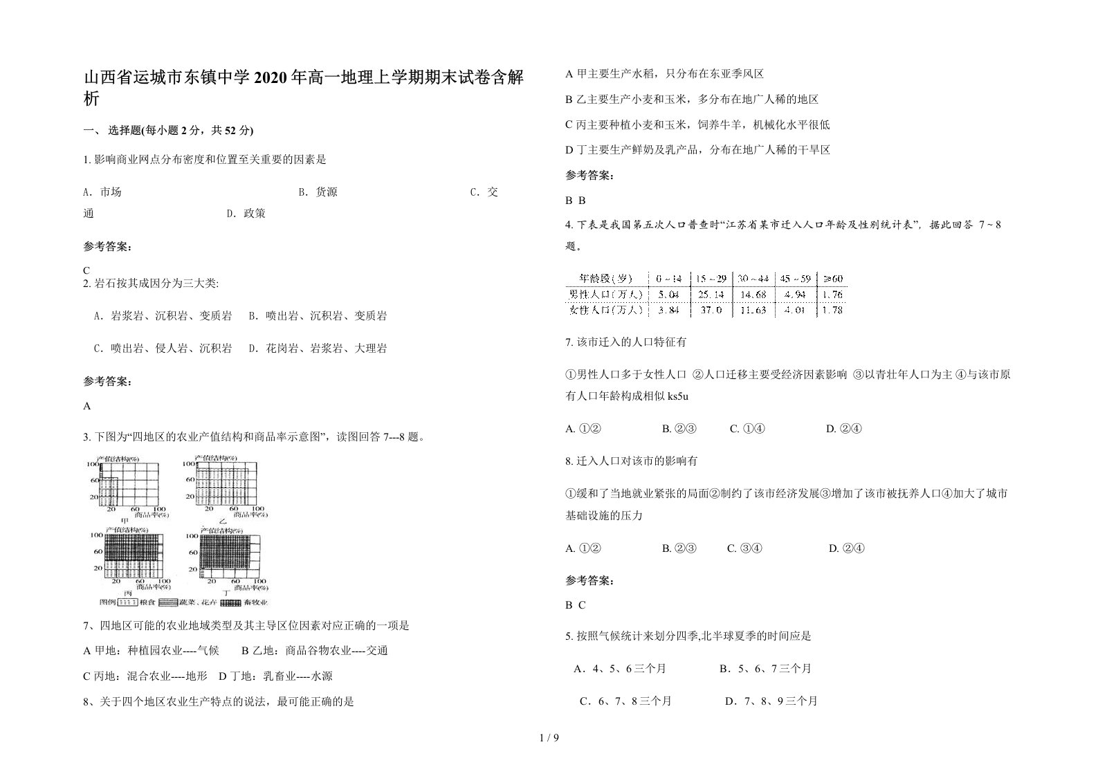 山西省运城市东镇中学2020年高一地理上学期期末试卷含解析