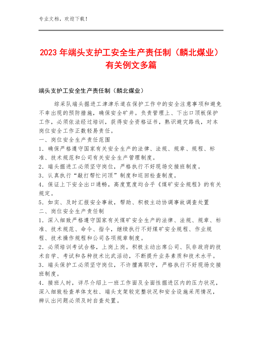 2023年端头支护工安全生产责任制（麟北煤业）例文多篇